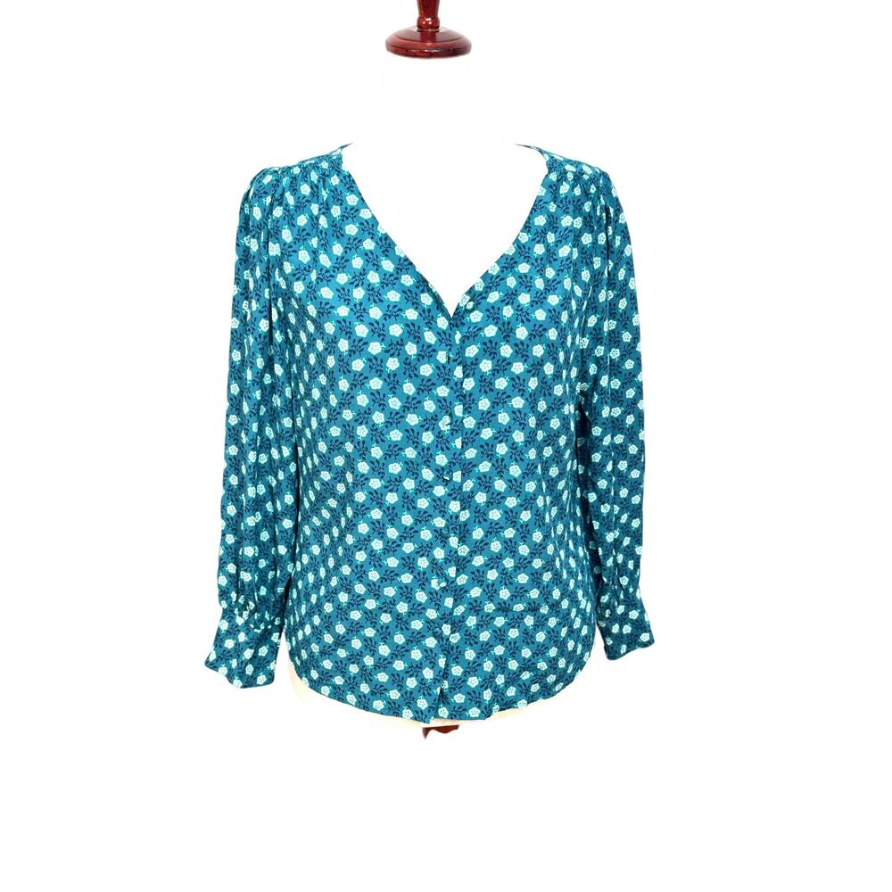 Talbots tunic long sleeve open neck blue green teal print top relaxed office LP